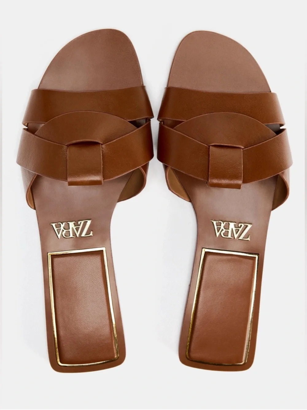 Zara Brown Flat leather sandals with crossed straps at front, size 39